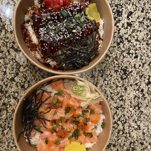 Top: unagi don Bottom: salmon don with extra fish