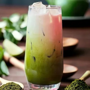 a glass of green tea and a spoon of matcha