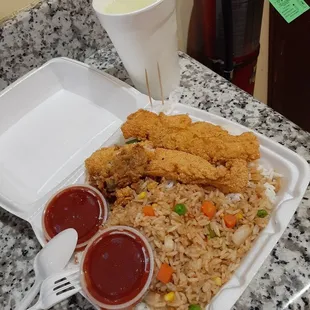 Fry Seafood, cocktail sauce and veggie fried rice