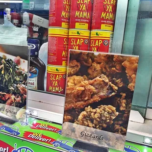 a variety of seafood items on display