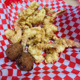 Fried shrimp basket comes with hush puppies and fries