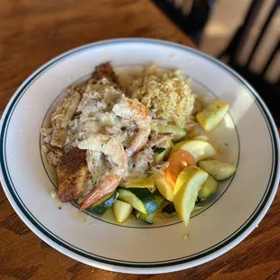 Blackened Catfish with shrimp &amp; lump crab topper