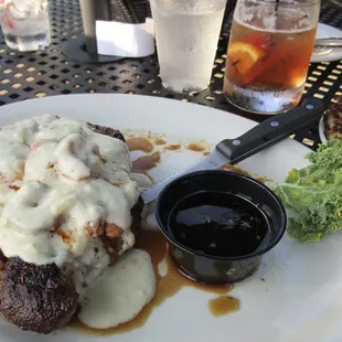 Blackened Ribeye with Creamy Garlic Shrimp, potato pancakes &amp; an Old Fashioned