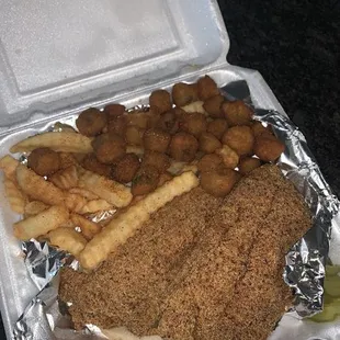 Fish with fries and fried okra