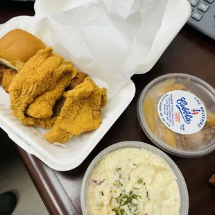 Catfish Filet, Potato Salad, Hush Puppies, Peach Cobbler