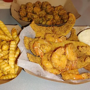 Fried catfish and Shrimp, fries and Okra