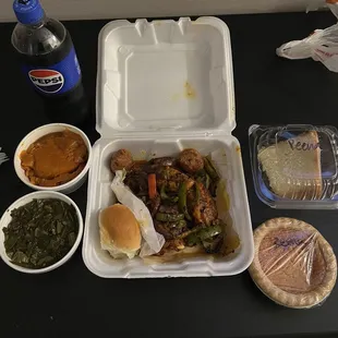 Grilled catfish, sweet potatoes, collard greens, sweet potato pie, 7-Up cake