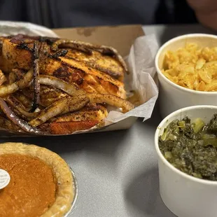 Large Grilled  Salmon with bell peppers, Mac, greens and for dessert, sweet potato pie