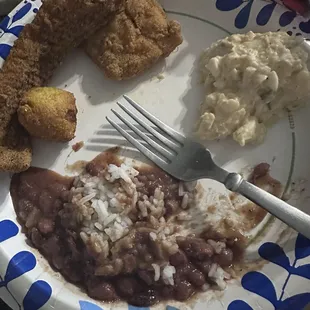 Cat fish - regular &amp; cajun, beans &amp; rice, potato salad, Hush Puppies.  hush puppies delicious!