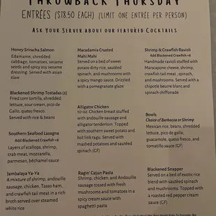 Throwback Thursday Menu