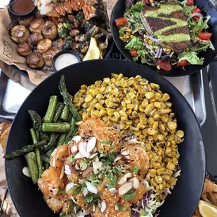 Rockin Shrimp Bowl, Pan Seared Scallops and Lobster, Cajun Ahi Salad
