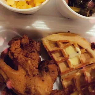 Chicken &amp; waffles, added sides of mac &amp; greens