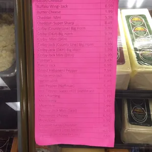 a price list for cheese