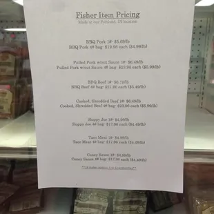 a menu for the price of the meat