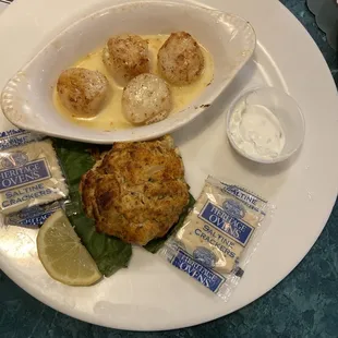 Crab Cake and Broiled Scallops