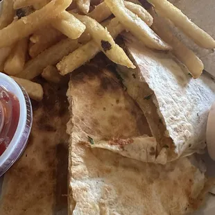 Seafood, quesadilla and fries