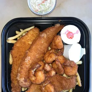 Fish and Shrimp Plate with Fries and Coleslaw