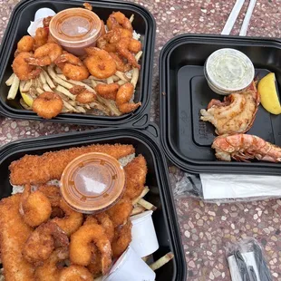 Fish and shrimp combo, shrimp plate, and jumbo shrimp