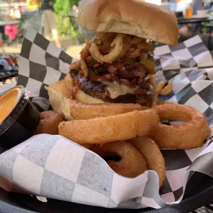 a burger and onion rings