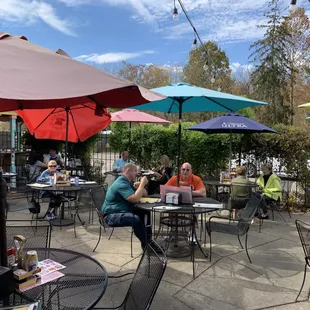 outdoor seating with umbrellas