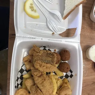 3 Piece Fish &amp; 5 Piece Medium Shrimps Combo Dinner. Small pieces of EVERYTHING here, even the lemon and fries were small.