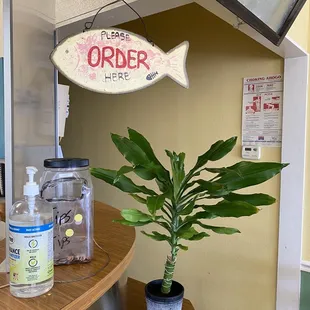 a fish sign and a plant
