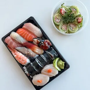 Delivery: Nigiri combo + Scallop nigiri. Naruto Salad.