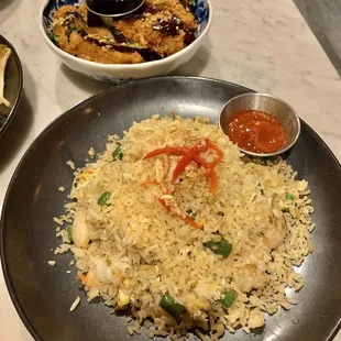 Mama's Crispy Fried Rice (front) &amp; Stuffed Eggplant (back)