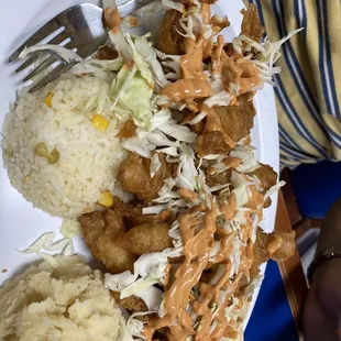 a plate of food with rice and coleslaw
