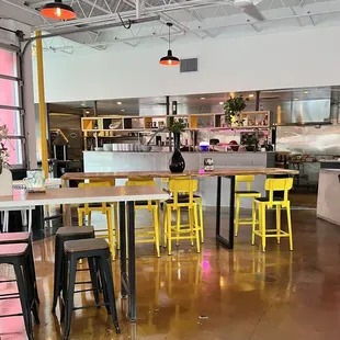 tables and stools in a restaurant