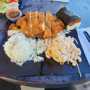 Chicken Katsu with rice, Mac salad and a chicken katsu musubi.