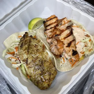 Salmon Taco and Tilapia Taco