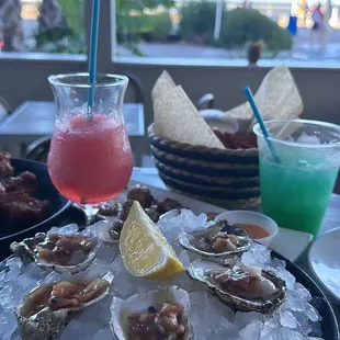 Oysters on the half shell, sweet potato fries, cauliflower bites