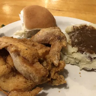 The broasted chicken with mashed potatoes and gravy. The breading is not overpowering and is just the right thickness.