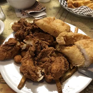 Chicken Tender &amp; Whitefish platter with home style fries and okra.