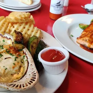 Halibut Blue, baked with blue cheese.  Seasonal trout.