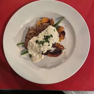 Hazelnut-crusted Sturgeon, with a bleu cheese sauce &amp; delicata squash.  This dish was
