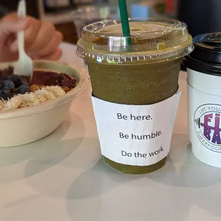 Macro pb power bowl, green machine smoothie and honey tea latte