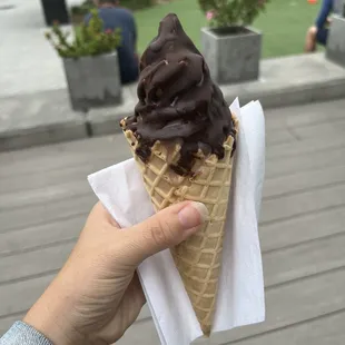 Strawberry soft serve cone with chocolate shell