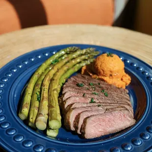 a plate of steak and asparagus