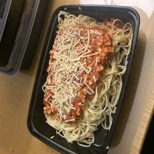 Ground chicken and angel hair pasta