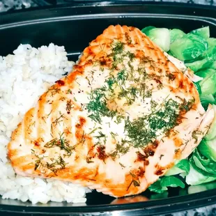 Lemon Dill Salmon  ($13): With hapa rice (white &amp; brown rice mix) and brussel sprouts.