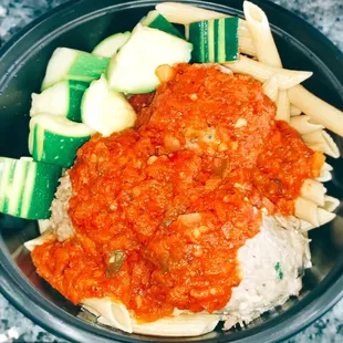 Turkey Meatballs with whole wheat pasta and sauteed squash ($12).