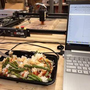 Shredded green chili chicken, jasmine rice and green beans
