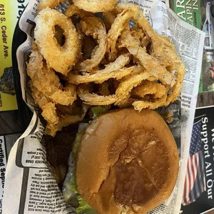 Burger and onion rings
