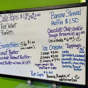 ice cream and desserts menu