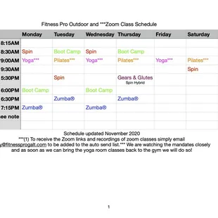 Current Class schedule during Covid.