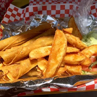 Beef Taquitos and wedge fries (comes with a side of sour cream and mashed avocado )