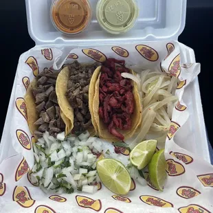 Lengua, Bisteca and Trompa pork  on corn tortillas.
