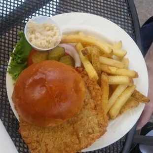 This is the pork tenderloin sandwich with a  side of fritter fries